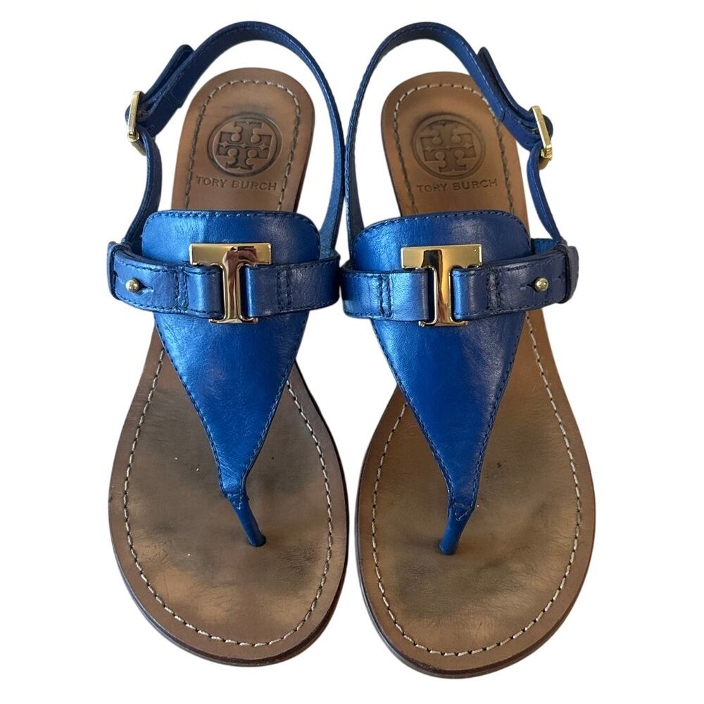 Tory Burch Casey Wedge Sandals Blue Nile Gold Logo‎ Thong 8